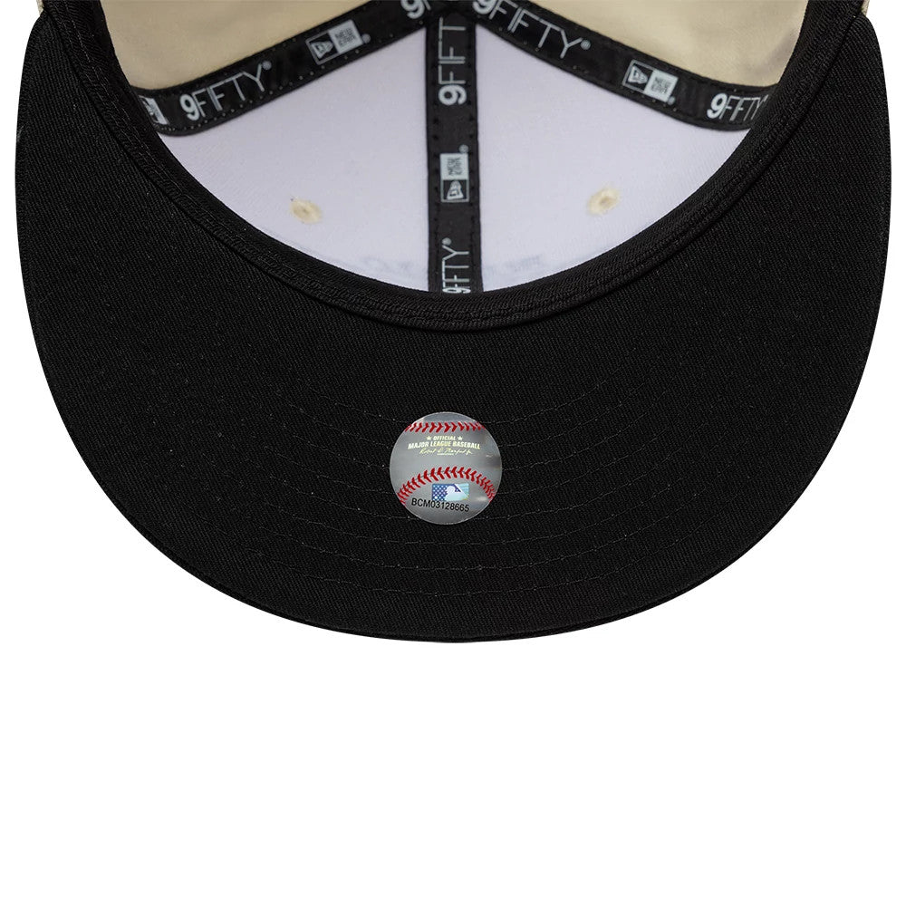 Pictured is this New Era Fabric Wordmark New Era 9FIFTY Snapback cap in cream & black. 7
