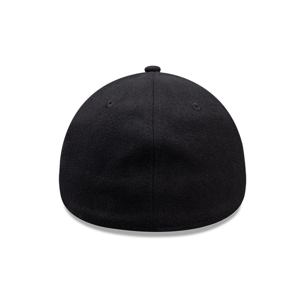 New Era Melton Black 39THIRTY Stretch Fit Cap, rear view showing the seamless black panels merging at the top button, with evenly spaced embroidered eyelets on each panel and a gently curved structured shape defining the back of the cap.