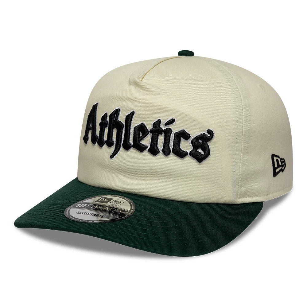 Pictured is this MLB Script Athletics 19TWENTY cap in cream & green. 4