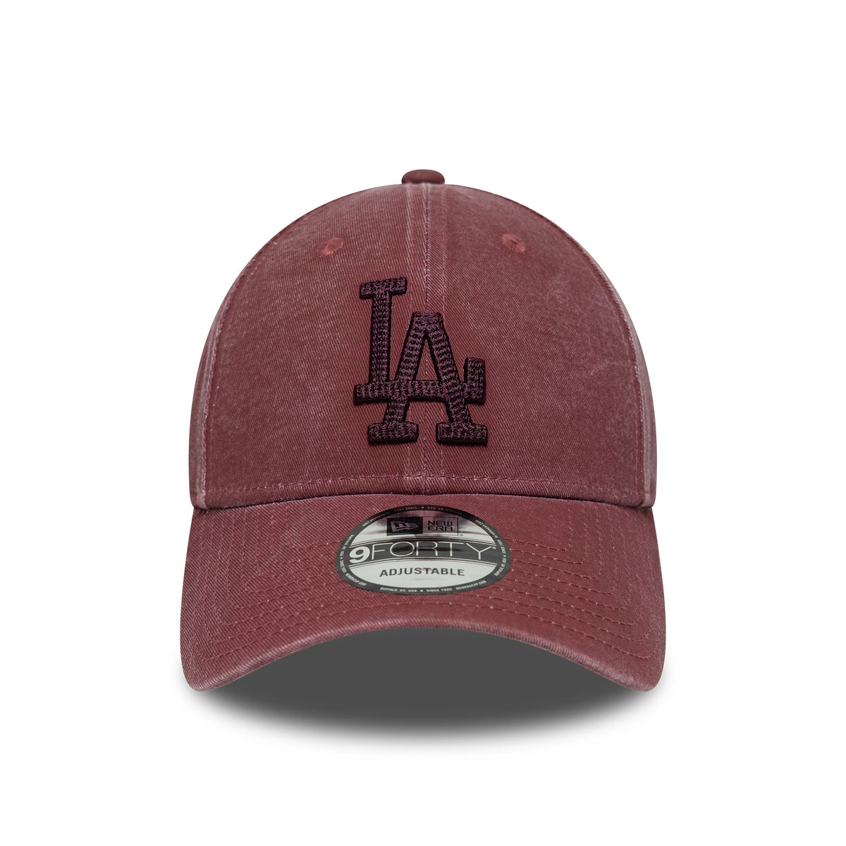 LA Dodgers MLB Ombre Dark Red New Era 9FORTY Adjustable Cap, front view showing the raised dark red embroidered LA logo on the front panel, curved visor, and 9FORTY size sticker on the dark red fabric.