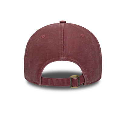 LA Dodgers MLB Ombre Dark Red New Era 9FORTY Adjustable Cap, rear view showing the dark red fabric with a curved strap and buckle for size adjustment, and a slightly faded appearance on the structured crown.
