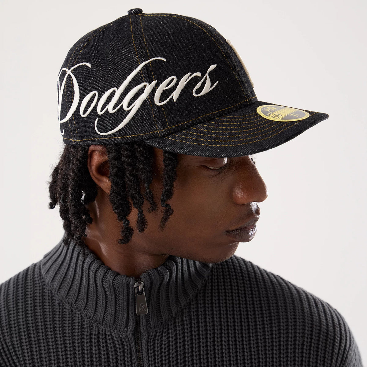 Pictured is this MLB Denim LA Dodgers Low Profile 59FIFTY Fitted cap in black. 3