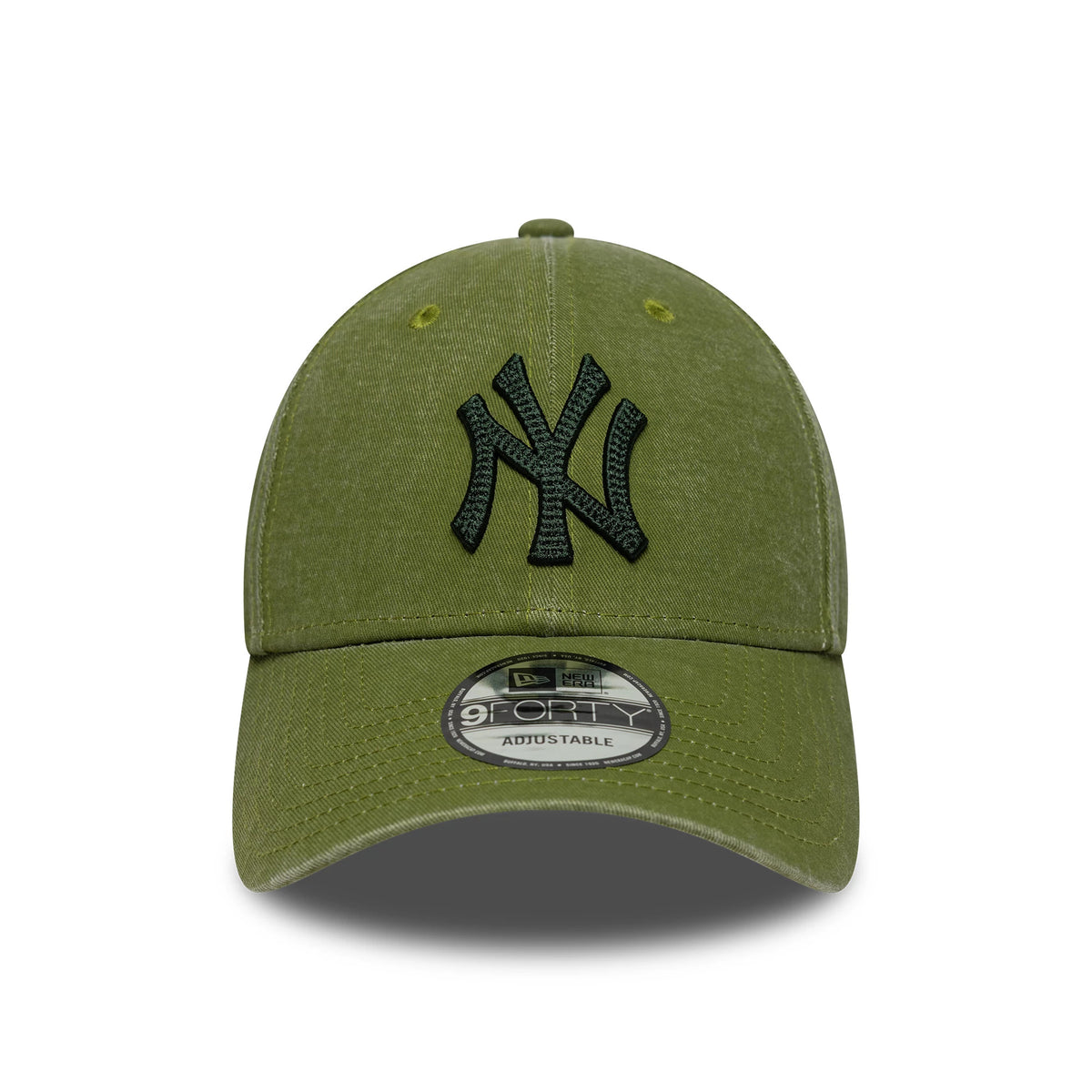 New York Yankees MLB Ombre Green New Era 9FORTY Adjustable Cap, front view showing the dark green embroidered NY logo on the structured green crown, with a 9FORTY size sticker placed on the curved visor.