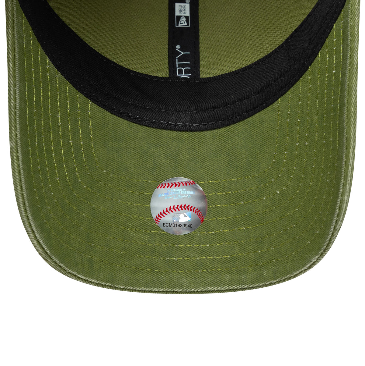 New York Yankees MLB Ombre Green New Era 9FORTY Adjustable Cap, inside view showing the black sweatband, green undervisor with detailed stitching, and the holographic sticker placed centrally on the visor above the New Era flag logo taping.