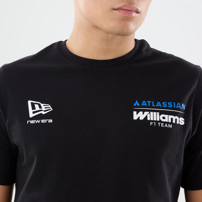 New Era Williams Carlos Sainz Spain Race Special Black T-Shirt, front view showing a New Era logo embroidered in white on the left chest, with Williams F1 Team and Atlassian branding printed in white and blue on the right chest.