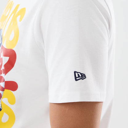 New Era Williams Carlos Sainz Spain Race Special White T-Shirt, side view showcasing a close-up of the right sleeve featuring an embroidered New Era logo, with yellow and red graphics on the front of the garment.