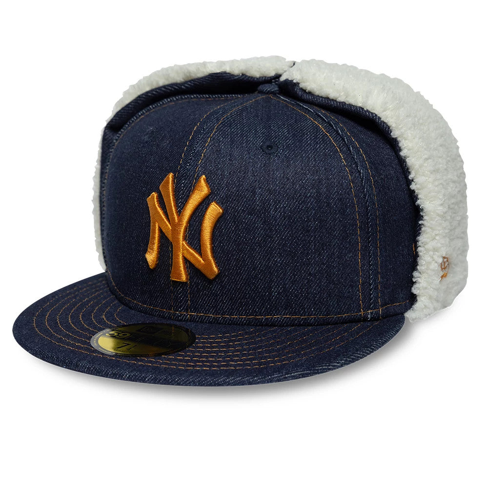 Pictured is this MLB Denim New York Yankees Dogear 59FIFTY Fitted cap in navy. 1