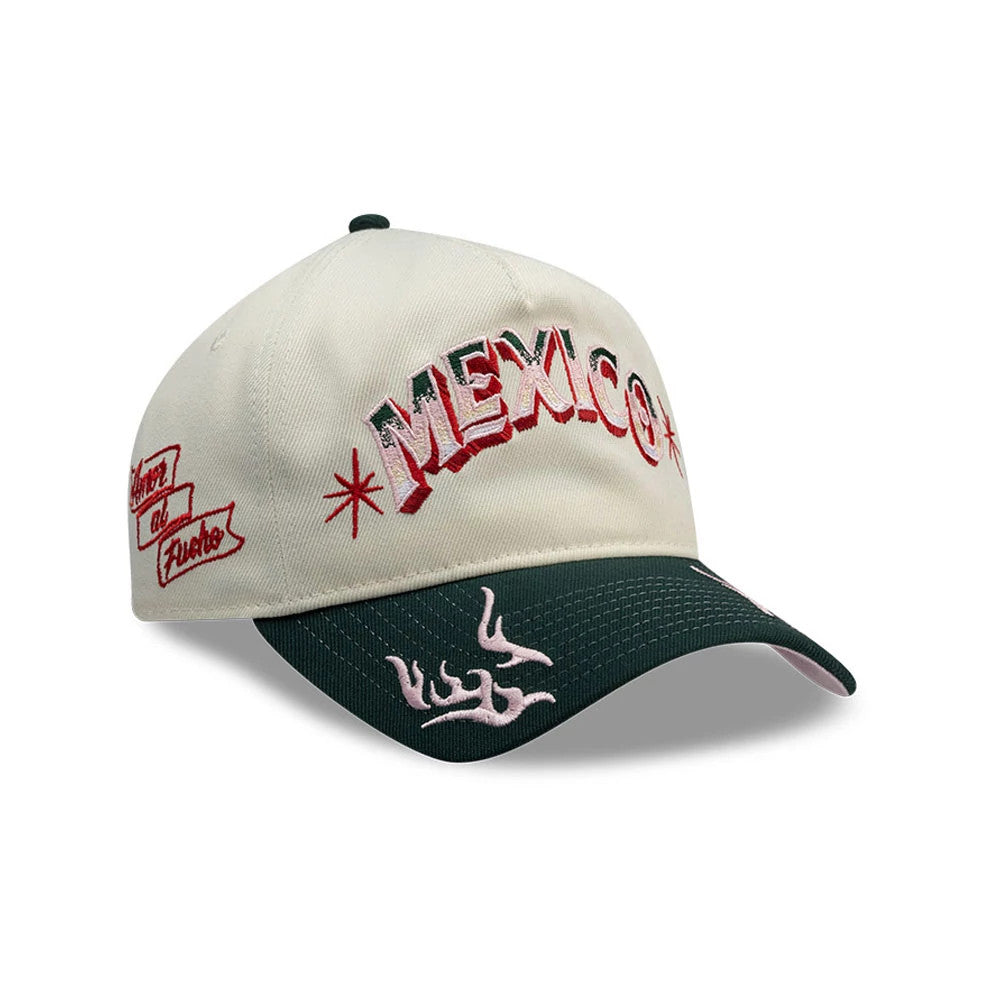 Pictured is this New Era Mexico Rotulos New Era 9FORTY A-Frame cap in white. 1
