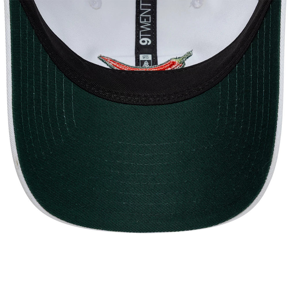 Carlos Sainz Team Fifty5 Chilli White New Era 9TWENTY Adjustable Cap, inside view showing a black taping with white 9TWENTY branding, a dark green undervisor, and a chilli graphic detail near the sweatband.