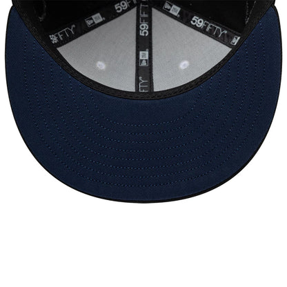 Netflix Stranger Things 10 Years Black New Era 59FIFTY Fitted Cap, inside view showing the black 59FIFTY taping, a navy undervisor, and a grey sweatband with a neat finish on the stitching across the inner seams.