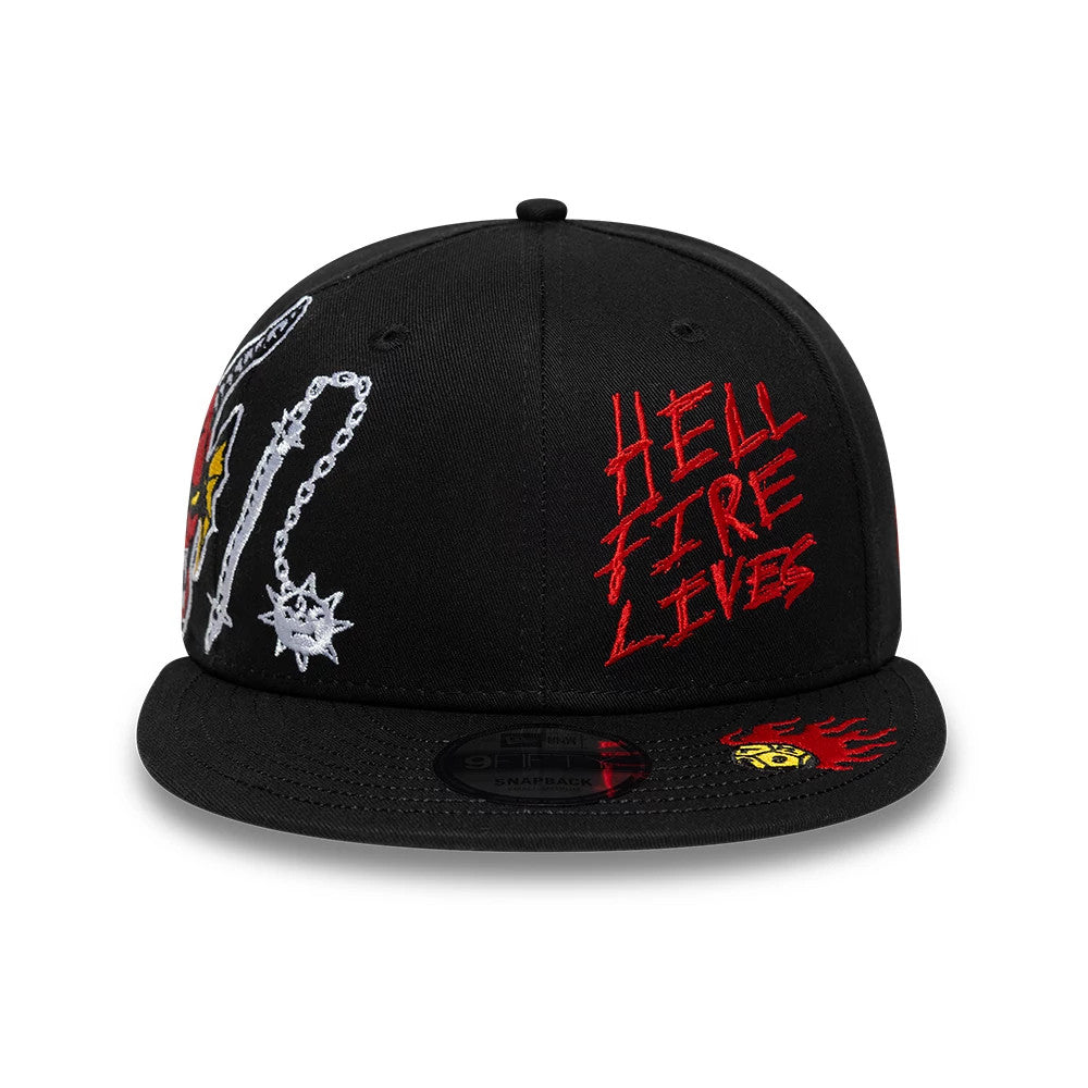 Netflix Stranger Things Hellfire Lives Black New Era 9FIFTY Snapback Adjustable Cap, front view showing intricate red embroidered Hellfire Lives text on the right panel, a detailed white chain design on the left.