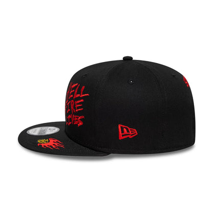 Netflix Stranger Things Hellfire Lives Black New Era 9FIFTY Snapback Adjustable Cap, side view showing the red New Era flag logo on the left side, red Hellfire Lives embroidery on the front panels, and a flaming emblem on the black visor.