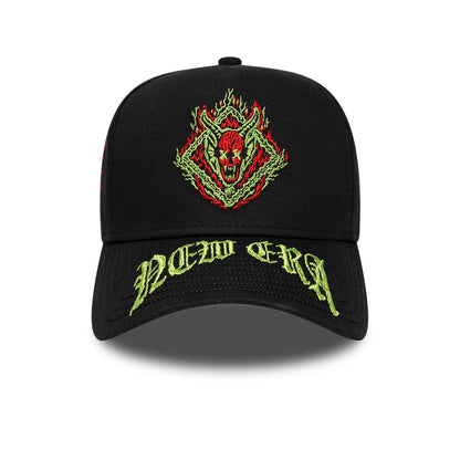 Stranger Things Netflix Stranger Things Black New Era 9FORTY E-Frame Adjustable Cap, front view showing a red and green embroidered demon logo on the black crown, with neon green New Era lettering on the curved visor below.