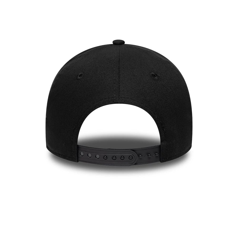 Stranger Things Netflix Stranger Things Black New Era 9FORTY E-Frame Adjustable Cap, rear view showing the plain black rear panels with a curved black visor and a black adjustable snapback strap, set on a structured black crown.