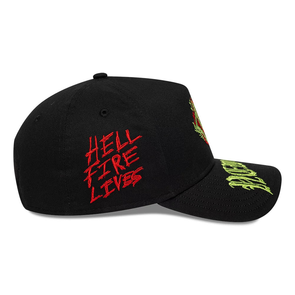 Stranger Things Netflix Stranger Things Black New Era 9FORTY E-Frame Adjustable Cap, side view showing the red Hell Fire Lives embroidery on the side panel, with lime green embroidery on the visor and a structured black crown.