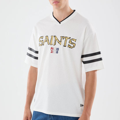 The model is wearing this NFL International Games 2026 Graphic New Orleans Saints Mesh Jersey in white. 5