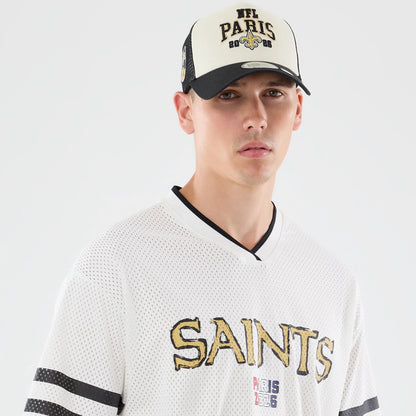 The model is wearing this NFL International Series Games 2026 Graphic New Orleans Saints Mesh Jersey in white. 4