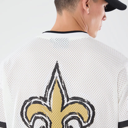 The model is wearing this NFL International Series Games 2026 Graphic New Orleans Saints Mesh Jersey in white. 7