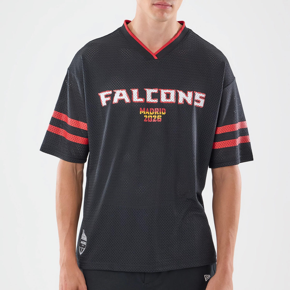 The model is wearing this NFL International Games 2026 Graphic Atlanta Falcons Mesh Jersey in black. 3