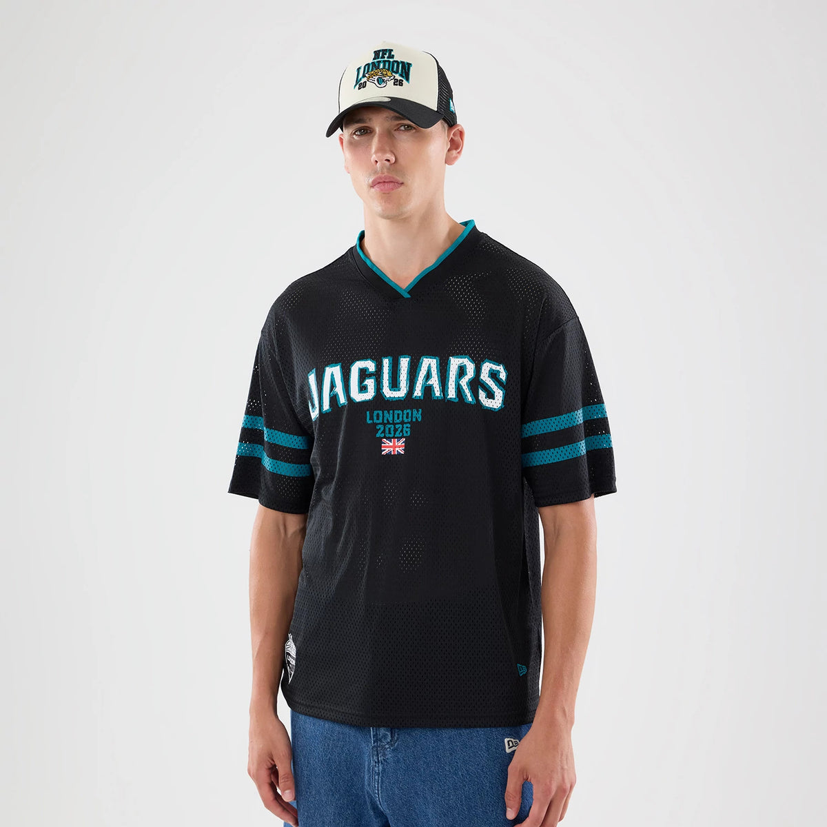 The model is wearing this NFL International Series Games 2026 Graphic Jacksonville Jaguars Mesh Jersey in black. 1