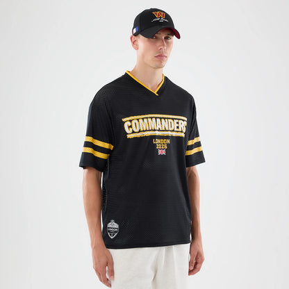 The model is wearing this NFL International Games 2026 Graphic Washington Commanders Mesh Jersey in black. 1