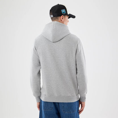 New Era Jacksonville Jaguars NFL Patch Grey Pullover Hoodie, back view on a model styled with blue jeans and a black cap, showing the simple grey design of the hoodie with a relaxed fit and the hood resting naturally on the back.