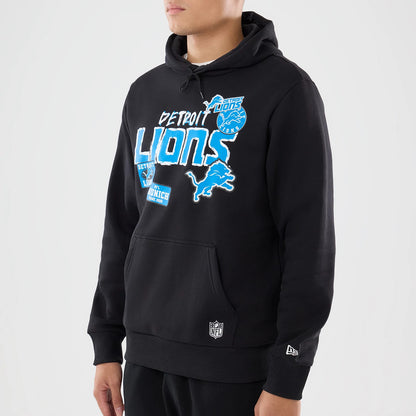 The model is wearing this NFL Patch Detroit Lions Pullover Hoodie in black. 3