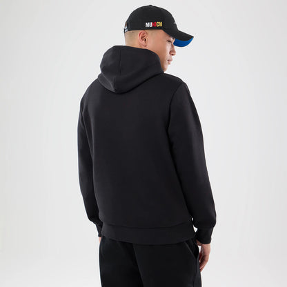 New Era Detroit Lions NFL Patch Black Pullover Hoodie, back view on a model showing the plain black hooded sweatshirt design with a relaxed fit, featuring long sleeves, and a ribbed hem.