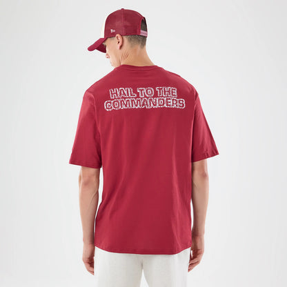 The model is wearing this NFL Graphic Slogan Washington Commanders Oversized T-Shirt in dark red. 2
