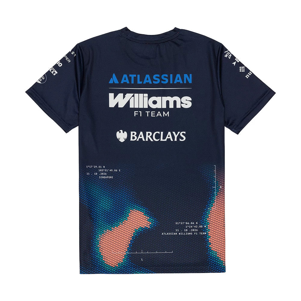 The model is wearing this Singapore Williams Track Tech T-Shirt in navy. 2
