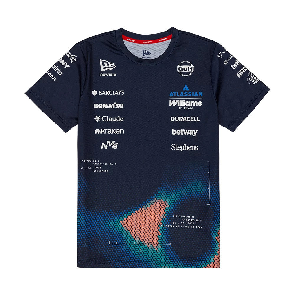 The model is wearing this Singapore Williams Track Tech T-Shirt in navy. 1
