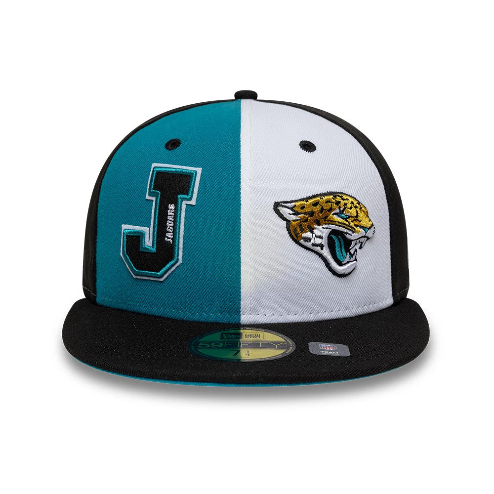 Jaguars NFL International Games Black New Era 59FIFTY Fitted Cap, front view showing a half teal and half white crown with a large teal and black embroidered J on the left panel, a jaguar head logo on the right.