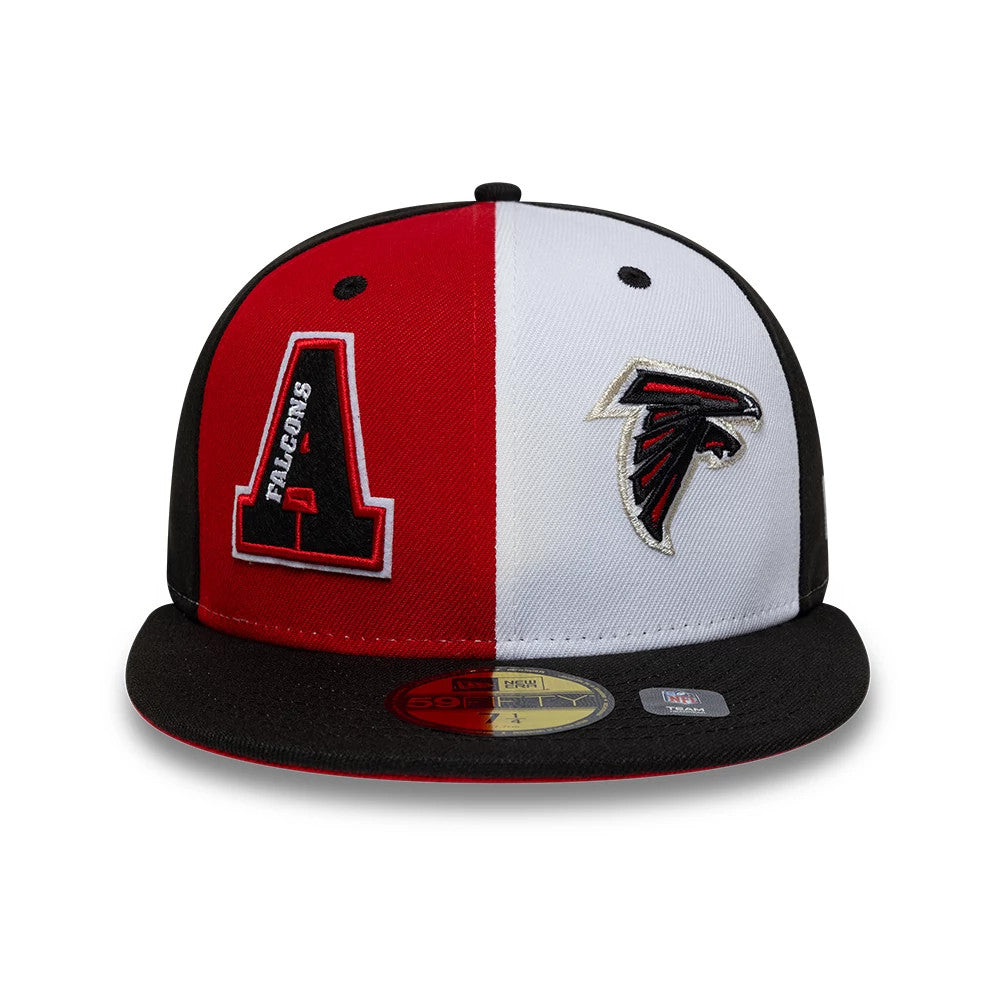 Atlanta Falcons NFL International Games Black New Era 59FIFTY Fitted Cap, front view showing a split red and white front panel with raised embroidery, including a large black and red A on the left and a Falcons logo on the right.