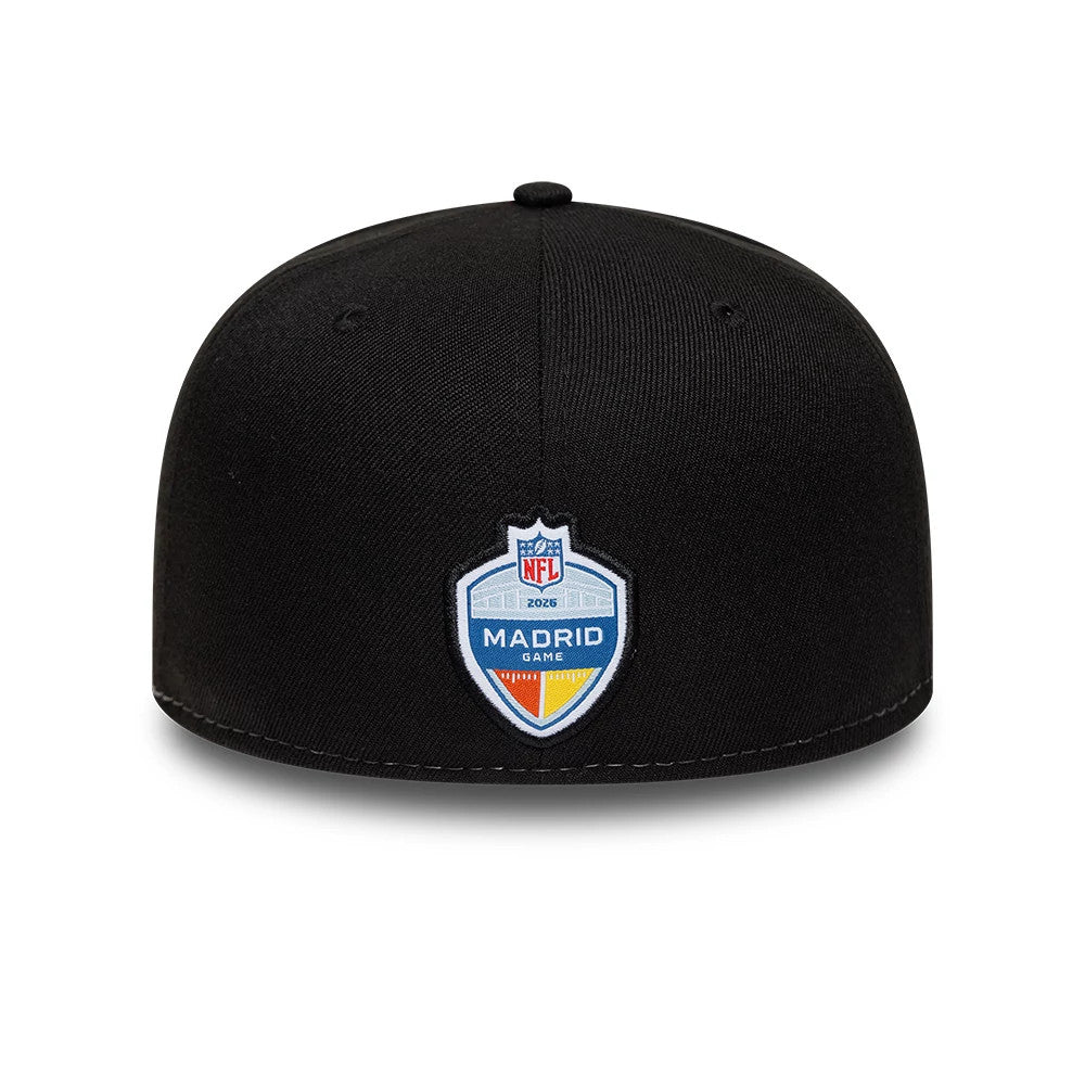 Atlanta Falcons NFL International Games Black New Era 59FIFTY Fitted Cap, rear view showing a shield-shaped embroidered patch featuring the NFL Madrid Game 2026 logo in white, blue, and red on the centre of the structured black crown.