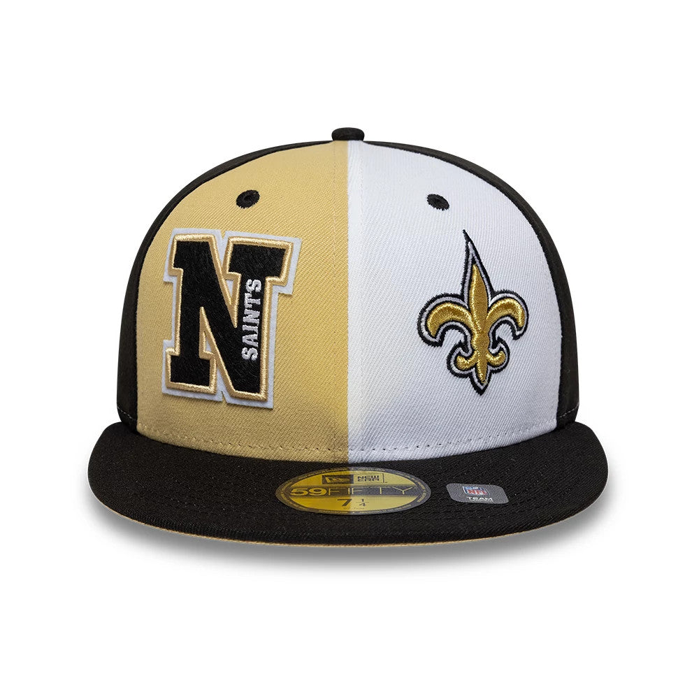 Saints NFL International Games Black New Era 59FIFTY Fitted Cap, front view showing the raised black and white 'N Saints' logo on the gold panel and a gold and black fleur-de-lis logo on the white panel.