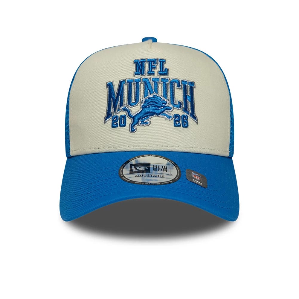 Pictured is this NFL International Series Games 2026 Munich Detroit Lions 9FORTY A-Frame Trucker cap in blue. 2