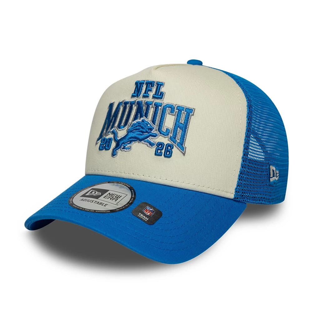Pictured is this NFL International Series Games 2026 Munich Detroit Lions 9FORTY A-Frame Trucker cap in blue. 3