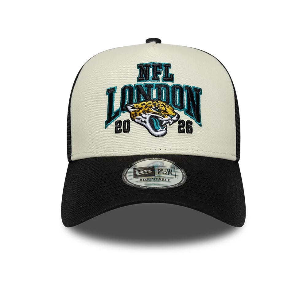 Pictured is this NFL International Series Games 2026 London Jacksonville Jaguars 9FORTY A-Frame Trucker cap in black. 2
