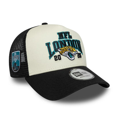 Pictured is this NFL International Games 2026 London Jacksonville Jaguars 9FORTY A-Frame Trucker cap in black. 1