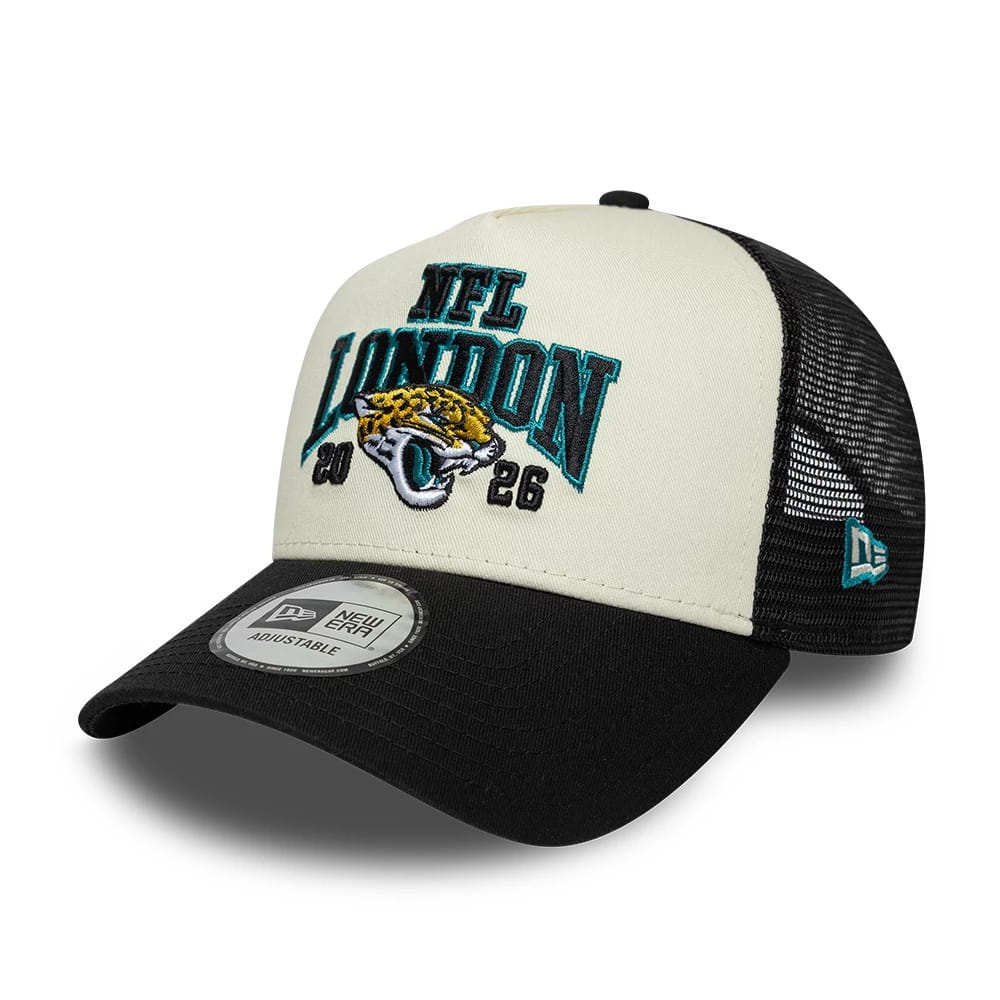 Pictured is this NFL International Series Games 2026 London Jacksonville Jaguars 9FORTY A-Frame Trucker cap in black. 3