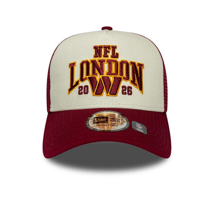 Pictured is this NFL International Series Games 2026 London Washington Commanders 9FORTY A-Frame Trucker cap in dark red. 2