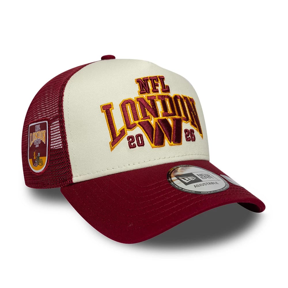 Pictured is this NFL International Series Games 2026 London Washington Commanders 9FORTY A-Frame Trucker cap in dark red. 1