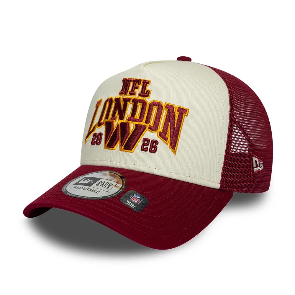 Pictured is this NFL International Series Games 2026 London Washington Commanders 9FORTY A-Frame Trucker cap in dark red. 3