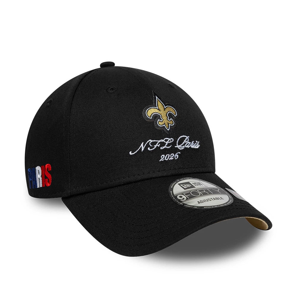 Pictured is this NFL International Series Games 2026 Paris New Orleans Saints 9FORTY cap in black. 1