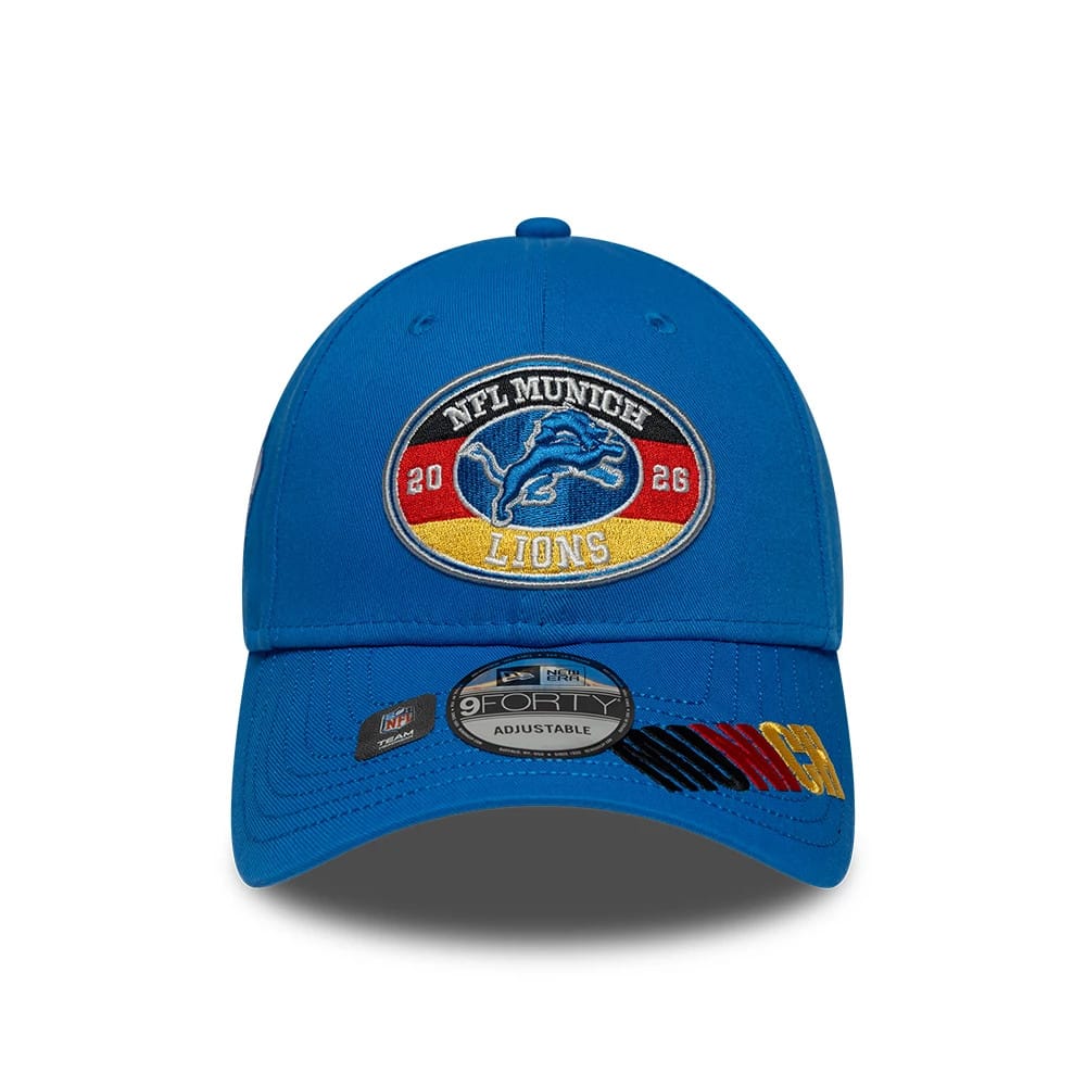 Pictured is this NFL International Series Games 2026 Munich Detroit Lions 9FORTY cap in blue. 2