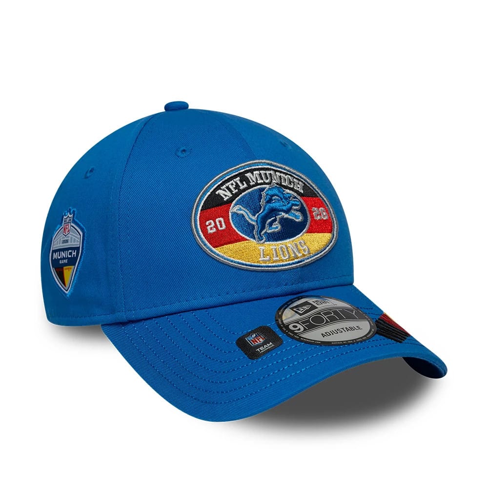 Pictured is this NFL International Series Games 2026 Munich Detroit Lions 9FORTY cap in blue. 1