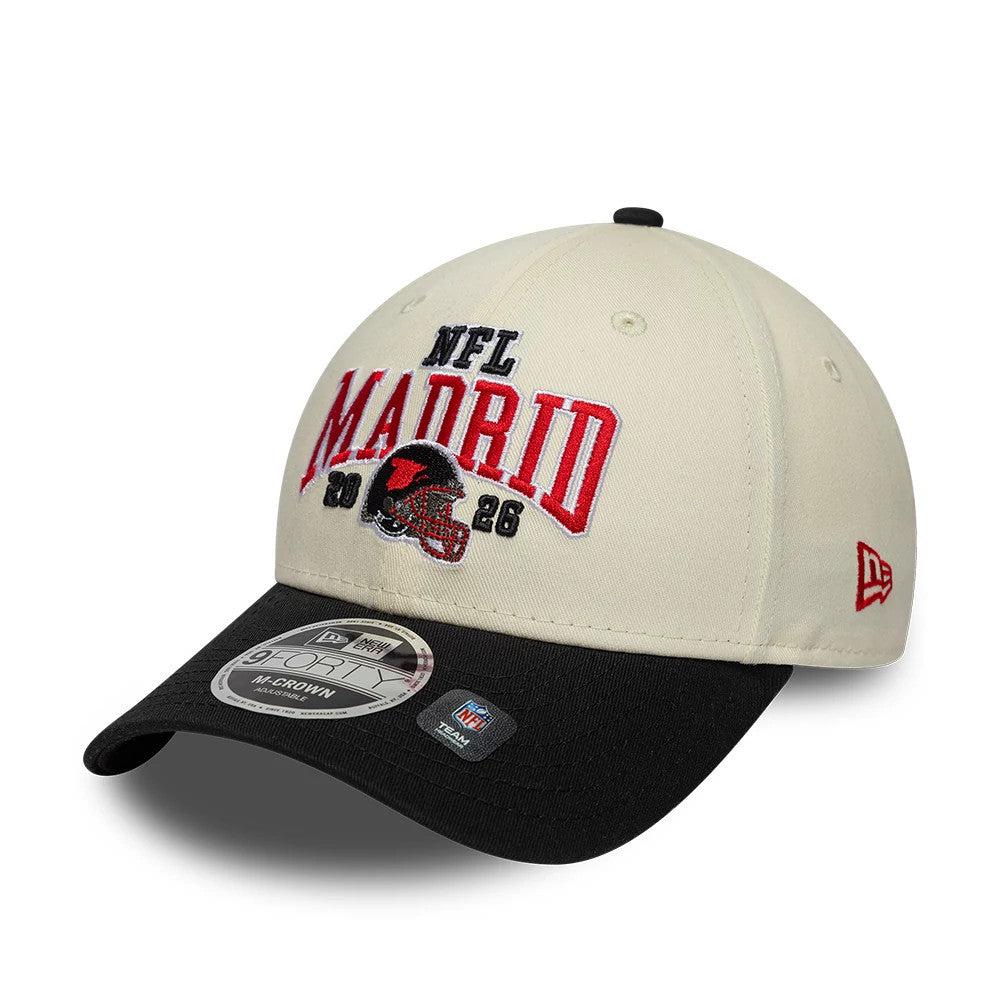 Pictured is this NFL International Series Games 2026 Madrid Atlanta Falcons 9FORTY M-Crown cap in white & black. 3