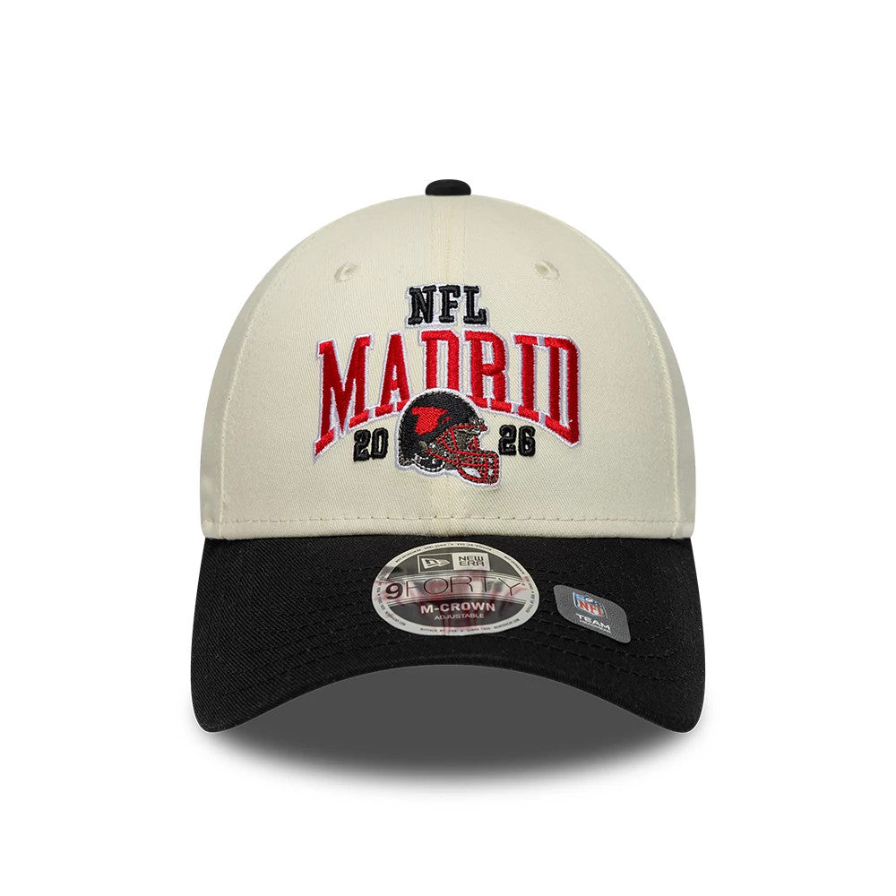 Pictured is this NFL International Series Games 2026 Madrid Atlanta Falcons 9FORTY M-Crown cap in white & black. 2