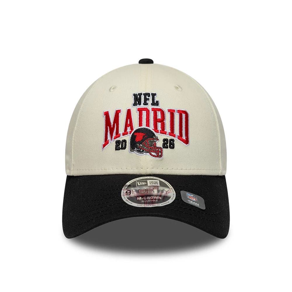 Pictured is this NFL International Series Games 2026 Madrid Atlanta Falcons 9FORTY M-Crown cap in white & black. 2