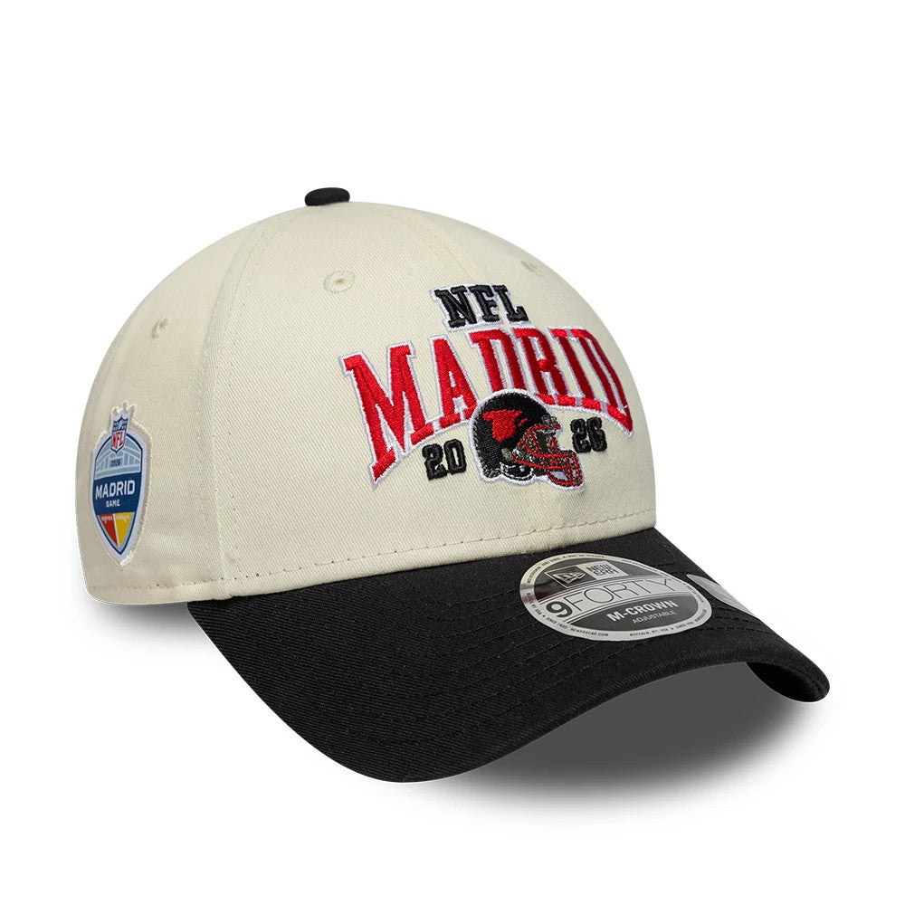 Pictured is this NFL International Series Games 2026 Madrid Atlanta Falcons 9FORTY M-Crown cap in white & black. 1